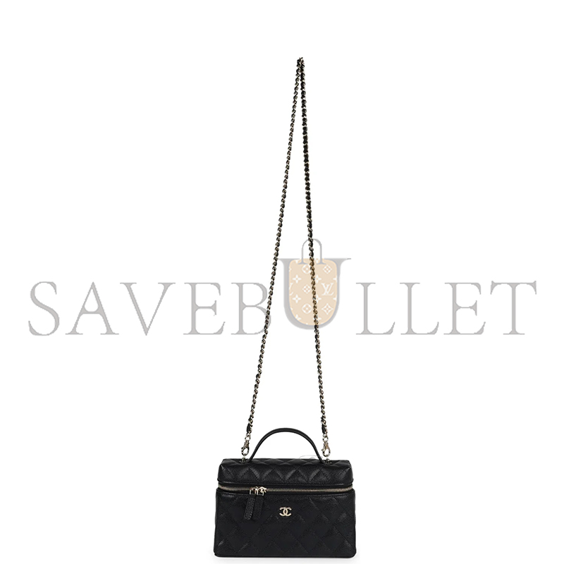 CHANEL CC TOP HANDLE LONG VANITY CASE WITH CHAIN BLACK SHINY CAVIAR LIGHT GOLD HARDWARE 1109942 (19.5*17*5cm)